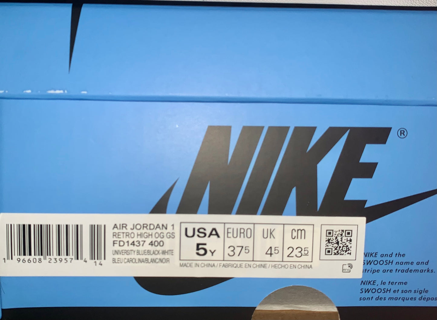 2023 Air Jordan 1 Retro High OG GS 'UNC Toe' Size 5Y